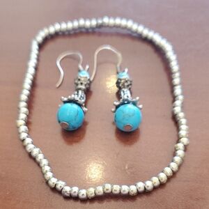 Silvertone Bracelet & Blue Bead Earrings